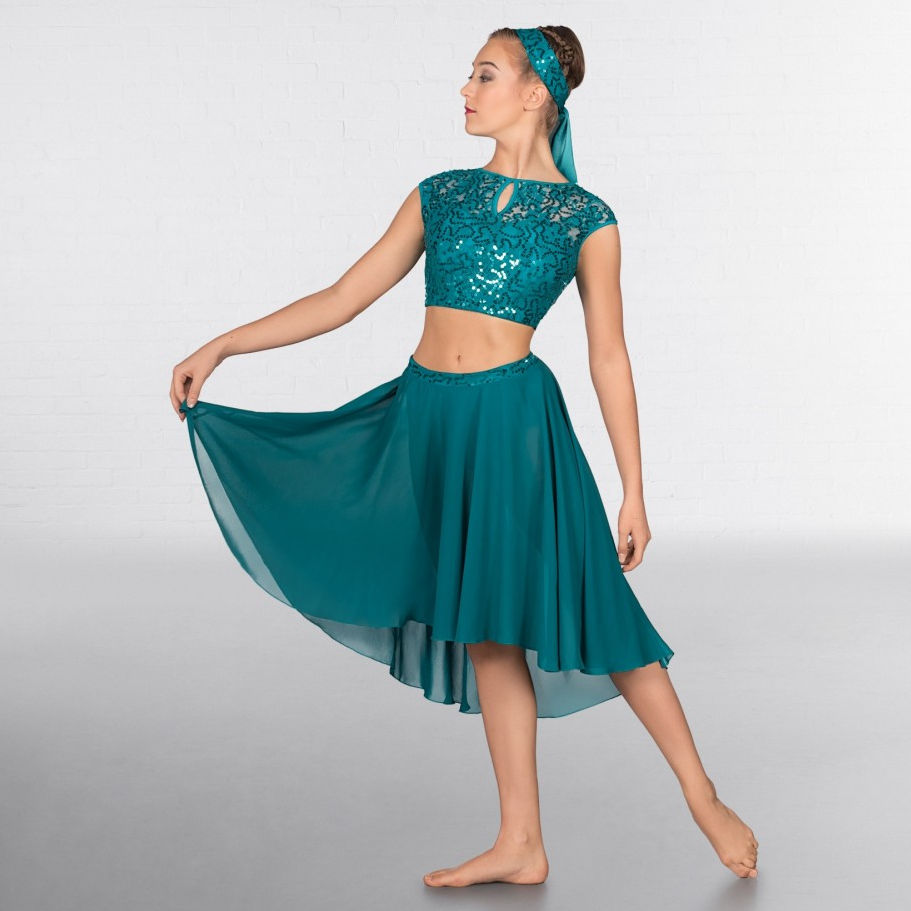 1st Position Green Lace Sequin Dipped Hem Lyrical Two Piece Dance